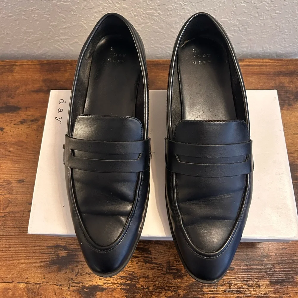 a new day Black Leather Penny Loafers for Women